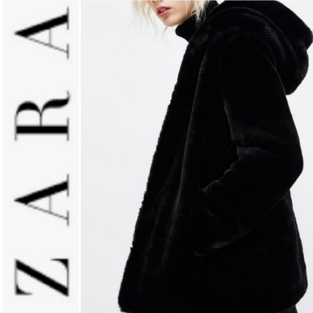 Zara Women's Elegant Black Teddy Hooded Oversized Jacket